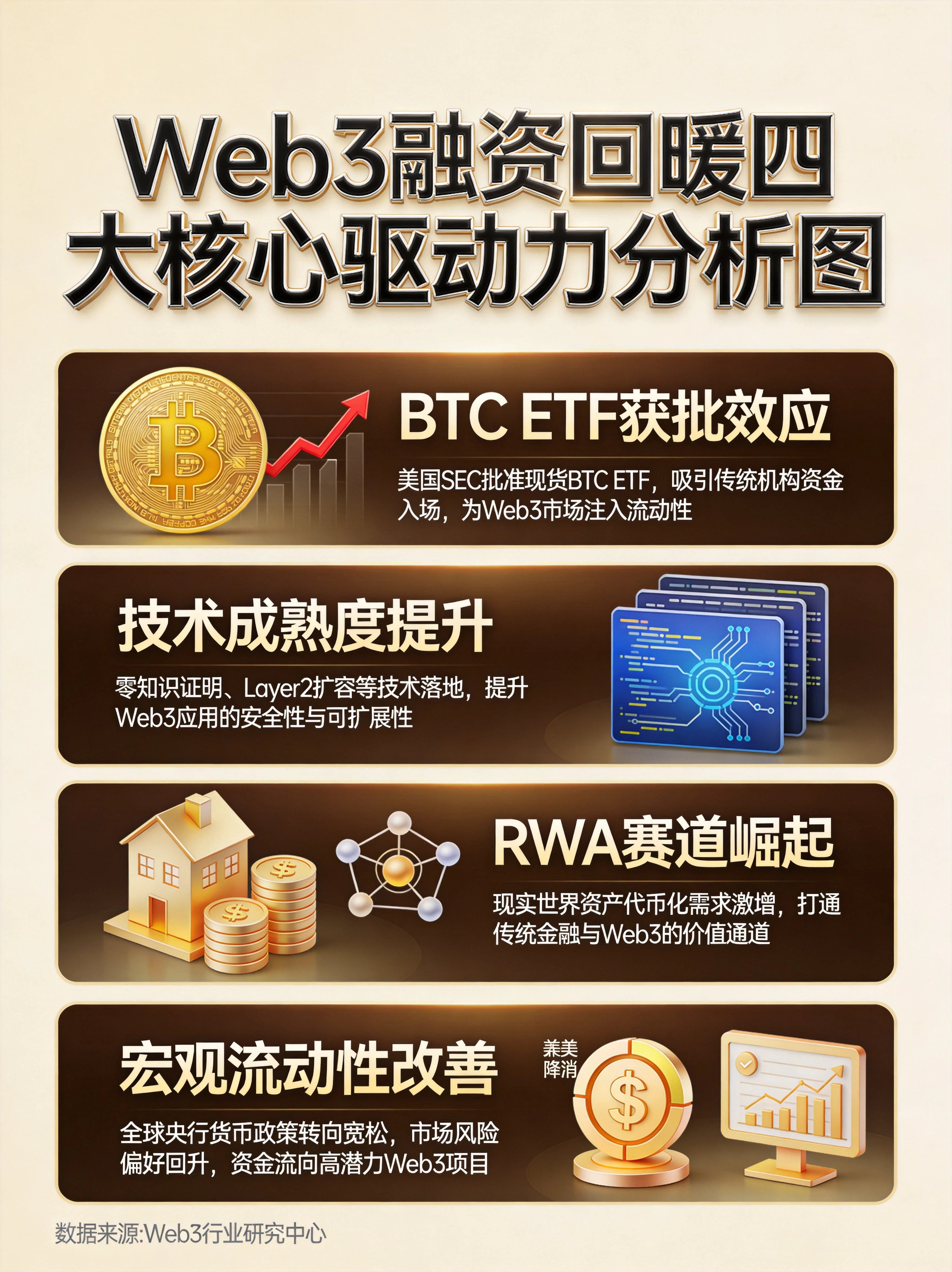 Web3融资回暖四大核心驱动力分析图,BTC ETF获批效应、技术成熟度提升、RWA赛道崛起、宏观流动性改善四大维度 Web3融资回暖四大核心驱动力分析图,BTC ETF获批效应、技术成熟度提升、RWA赛道崛起、宏观流动性改善四大维度