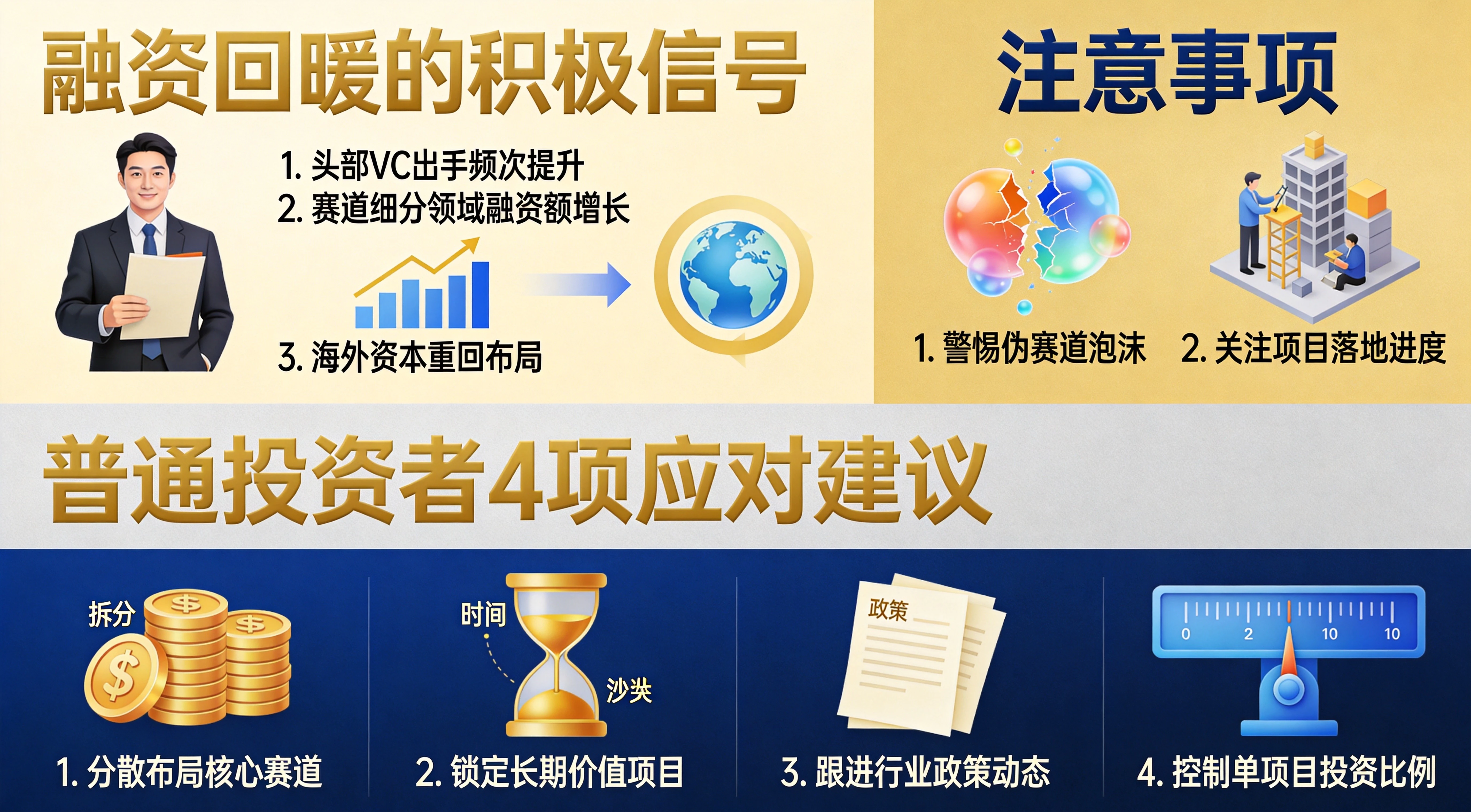 Web3融资信号解读与投资者操作清单图,上半部分列出融资回暖的积极信号与注意事项,下半部分给出普通投资者4项应对建议,金蓝专业信息图风格 Web3融资信号解读与投资者操作清单图,上半部分列出融资回暖的积极信号与注意事项,下半部分给出普通投资者4项应对建议,金蓝专业信息图风格